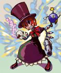  bow cigar george_(skullgirls) george_the_bomb gun hat highres mechanical_arms orange_hair peacock_(skullgirls) ribbon sakanan skullgirls smoke top_hat weapon 