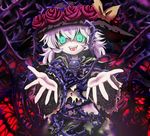  blue_eyes crazy_smile eyeball flower givuchoko green_eyes hat highres komeiji_koishi open_mouth outstretched_hand rose short_hair smile solo third_eye thorns torn_clothes touhou white_hair 