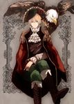  absurdres axis_powers_hetalia bad_id bad_pixiv_id bird blonde_hair boots brooch cape cravat crossed_legs eagle earrings epaulettes eyebrows flower green_eyes hat hat_flower highres jewelry male_focus napa_(napppppa) pirate pirate_hat sitting solo united_kingdom_(hetalia) 