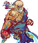  bald beard dougi facial_hair fighting_stance gouken kazaana long_hair male_focus muscle old_man ponytail red_eyes rope shimenawa solo street_fighter street_fighter_iv_(series) tan white_hair 