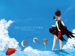  album_cover back_cutout bird black_hair brown_hair cloud cover crow day english from_behind hat hat_loss hat_removed headwear_removed holding holding_shoes italian legs ranguage ryuu_(tsukinoyuki) shameimaru_aya shoes short_hair signpost skirt sky solo stilts tokin_hat touhou wings 