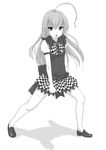  :o ahoge checkered checkered_skirt chestnut_mouth fighting_stance full_body greyscale haiyore!_nyaruko-san huge_ahoge loafers long_hair looking_at_viewer monochrome nyarlathotep_(nyaruko-san) open_mouth regdic shadow shoes simple_background skirt solo thighhighs white_background zettai_ryouiki 