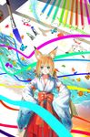  animal_ears art_brush bad_id bad_pixiv_id blonde_hair colored_pencil detached_sleeves drawing eraser facepaint fox_ears green_eyes hands_on_hips hullabaloo japanese_clothes leaf maple_leaf original paint paint_tube paintbrush pencil solo twintails 