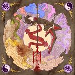  ape black black_hair blood bow chimra chinese female girl lion polearm red red_eyes she_devil skirt snake trident weapon ying_and_yang 