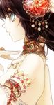  arm_up armlet bare_shoulders black_hair blue_eyes fingernails hair_ornament hair_tubes jewelry lipstick long_hair makeup nail_polish neck_ring necklace original ring simple_background solo souya_touki white_background 