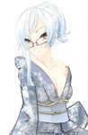  :o bad_id bad_pixiv_id bare_shoulders blue_hair breasts cleavage collarbone face glasses highres japanese_clothes kimono looking_at_viewer nekobaka obi original ponytail red-framed_eyewear sash small_breasts solo white_background yellow_eyes 