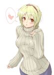  alice_margatroid alternate_costume blonde_hair brown_eyes hairband heart looking_at_viewer parted_lips ribbed_sweater short_hair simple_background solo spoken_heart sweater touhou upper_body white_background yuuki1924 