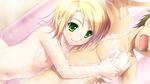  1boy 1girl bathing blonde_hair flat_chest game_cg green_eyes highres hug hug_from_behind mahori_tsukasa mixed_bathing navel nipples nude saeki_hokuto smile soap_bubbles wet 