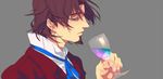  alcohol bad_id bad_pixiv_id blue_eyes brown_hair by_esc cup drinking_glass facial_hair fate/zero fate_(series) goatee male_focus ribbon simple_background solo toosaka_tokiomi wine wine_glass 