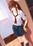  brown_eyes brown_hair dutch_angle hoshino_yuumi kibina_high_school_uniform kimi_kiss long_hair official_art school_uniform sidelocks skirt solo takayama_kisai 