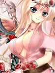  aphrodite_(lord_of_vermilion) blonde_hair blue_eyes blush bracer breasts cleavage flower harp heart instrument jewelry large_breasts long_hair looking_at_viewer lord_of_vermilion necklace red_flower red_rose rose smile solo wahara_romasa 