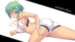  aquarion_(series) aquarion_evol ass bare_shoulders blush breasts cleavage_cutout covered_nipples hair_ribbon highres iroha_(unyun) looking_at_viewer lying medium_breasts midriff on_stomach purple_eyes revealing_clothes ribbon short_hair solo wrist_cuffs zessica_wong 