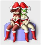  big_breasts blue_eyes breasts brown_hair canine christmas cleavage clothed clothing cosmo_the_seedrian dickgirl erection fiona_fox fox green_hair hair hat holidays intersex knownvortex mammal penis santa_hat sega smile sonic_(series) xmas 