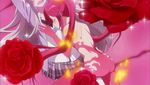  animated animated_gif bra closed_eyes cthugha_(nyaruko-san) fire flower green_eyes haiyore!_nyaruko-san lingerie long_hair multiple_girls nyarlathotep_(nyaruko-san) open_clothes open_shirt red_hair rose screencap shirt silver_hair thighhighs underwear yuri 