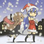  blue_hair brown_hair christmas hat long_hair multiple_girls open_mouth original sack santa_costume santa_hat sasaki_sakichi scarf smile snowing 