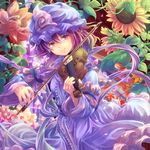  dress floral_background flower hat instrument music niichi_(komorebi-palette) pink_eyes pink_hair playing_instrument saigyouji_yuyuko short_hair smile solo sunflower touhou triangular_headpiece violin 