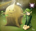  blue_eyes great_deku_sprout green_hair navi pointy_ears saria seiza short_hair signature sitting smile socks the_legend_of_zelda the_legend_of_zelda:_ocarina_of_time tunic van_evil 