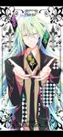  amnesia_(idea_factory) card closed_eyes formal green_hair highres long_hair male_focus megumi_(redpapaver) necktie playing_card smile solo suit ukyou_(amnesia) 