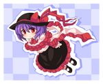  bad_id bad_pixiv_id blush capelet checkered checkered_background floral_print hat hat_ribbon kikiriri mary_janes nagae_iku purple_eyes purple_hair ribbon shawl shirt shoes short_hair skirt smile solo touhou 