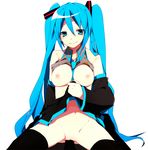  aqua_eyes aqua_hair bad_id bad_pixiv_id bare_shoulders breasts detached_sleeves hatsune_miku long_hair looking_at_viewer medium_breasts necktie no_panties sc69 simple_background skirt skirt_lift smile solo thighhighs twintails very_long_hair vocaloid 