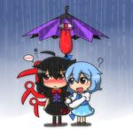  ? ahoge arm_grab asymmetrical_wings black_legwear blue_hair blush bow chibi feiton heterochromia houjuu_nue karakasa_obake long_tongue multiple_girls open_mouth purple_umbrella rain red_eyes shared_umbrella shirt short_hair skirt smile spoken_blush standing tatara_kogasa thighhighs tongue tongue_out touhou tsundere umbrella vest wing_hold wings 