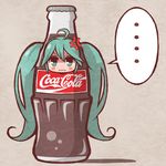  1girl anger_vein bottle chibi coca-cola coke_bottle cola_miku cosplay green_eyes green_hair hatsune_miku in_bottle in_container long_hair pout sasaki_sakichi solo twintails very_long_hair vocaloid 