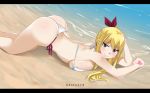  1girl absurdres all_fours artist_name ass beach bikini blonde_hair blush breast_press breasts brown_eyes curvy eyes_visible_through_hair fairy_tail female gaston18 hair_ornament hair_ribbon highres hips large_breasts legs long_hair lucy_heartfilia ribbon smile solo swimsuit tattoo white_bikini white_swimsuit 