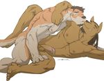  anal_penetration anthro balls biceps big_muscles canine dog duo erection fur gay grin lying male mammal muscles nipples on_side pecs penetration penis sex superslickslasher 