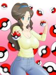  1girl blue_eyes breasts brown_hair cleavage looking_at_viewer milf mother_(pokemon) mother_bw_(pokemon) poke_ball pokeball pokemon pokemon_(game) pokemon_bw ponytail 