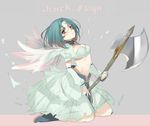  .hack//sign 1girl angel_wings aqua_hair axe breasts brown_eyes cleavage copyright_name detached_sleeves kippu kneeling medium_breasts midriff navel short_hair simple_background sketch solo subaru_(.hack//) weapon wings 