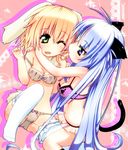  animal_ears bad_id bad_pixiv_id blonde_hair blue_eyes blue_hair bra breasts bunny_ears cat_ears cleavage face_licking green_eyes highres licking lingerie long_hair multiple_girls navel one_eye_closed original panties short_hair small_breasts smile spocom strap_slip tail thighhighs tongue underwear underwear_only yuri 