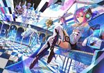  blue_eyes boots chandelier checkered checkered_floor crescent_moon elbow_gloves flower fuji_choko glass gloves headphones holding instrument moon musical_note original pink_hair revision ripples sitting sky solo star_(sky) starry_sky thigh_boots thighhighs trumpet unicorn violin 