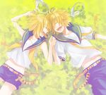  1girl blonde_hair brother_and_sister from_above headphones highres holding_hands kagamine_len kagamine_rin kunieda_(miniaturegarden) lying navel on_back open_mouth short_hair shorts siblings smile twins vocaloid 