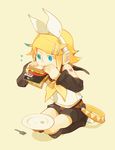  aqua_eyes arm_warmers bare_shoulders blonde_hair eating food glider_(artist) hair_ornament hair_ribbon hairclip headphones kagamine_rin leg_warmers ribbon sailor_collar sandwich seiza short_hair shorts sitting solo vocaloid 