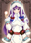  alternate_costume belt blush bow breasts capelet coat cosplay hair_bow highres hood lagombi_(armor) large_breasts long_hair magic monster_hunter monster_hunter_portable_3rd patchouli_knowledge purple_eyes purple_hair sidelocks simple_background solo stiel touhou upper_body very_long_hair winter_clothes 