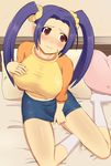  1girl azumakuro bed blush breasts cosplay footwear frown hand_on_breast huge_breasts idolmaster long_hair miura_azusa purple_hair red_eyes scrunchies short_hair sitting skirt socks solo sweatdrop takatsuki_yayoi takatsuki_yayoi_(cosplay) twintails 