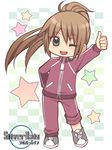  ;d brown_hair checkered checkered_background chibi copyright_name kurarin long_hair looking_at_viewer lowres one_eye_closed open_mouth ponytail shimozuki_kaname silver_rain sleeves_rolled_up smile solo standing star thumbs_up track_suit zipper 