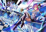  blue_eyes boots chandelier checkered checkered_floor crescent_moon elbow_gloves flower fuji_choko glass gloves headphones holding instrument md5_mismatch moon musical_note original pink_hair ripples sitting sky solo star_(sky) starry_sky thigh_boots thighhighs trumpet unicorn violin 