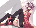  akutsu bare_shoulders black_legwear blush boots breasts center_opening cleavage detached_sleeves fingerless_gloves gloves guilty_crown hair_ornament hairclip long_hair masturbation medium_breasts open_mouth pink_hair red_eyes solo thigh_boots thighhighs yuzuriha_inori zoom_layer 