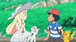  1girl alolan_form alolan_vulpix animated animated_gif black_hair blonde_hair brown_eyes green_eyes hat huge_filesize laughing lillie_(pokemon) log lowres pikachu pokemon pokemon_(anime) pokemon_sm_(anime) satoshi_(pokemon) sitting_on_log 