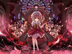  bad_deviantart_id bad_id bat_wings blonde_hair blood bone crystal cup cupping_glass flandre_scarlet glowing glowing_eyes hat hat_ribbon highres marionette_(excle) red_eyes ribbon short_hair side_ponytail skull solo stained_glass stuffed_animal stuffed_toy teddy_bear throne touhou wings 