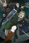  belt blonde_hair blue_eyes gb_(doubleleaf) gloves glowing glowing_eyes halberd hat holding holding_sword holding_weapon left-handed link mask phantom_ganon pointy_ears polearm red_hair shield sword the_legend_of_zelda the_legend_of_zelda:_ocarina_of_time weapon 