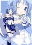  blue_eyes blue_hair boots cape gloves highres magical_girl mahou_shoujo_madoka_magica miki_sayaka nishina one_eye_closed pleated_skirt short_hair skirt smile solo thighhighs white_legwear zoom_layer 