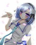  blush breasts eyes flower grey_rose hair_flower hair_ornament hair_ribbon hairband haruno_nanakusa henriette_mystere highres large_breasts petals purple_eyes ribbon school_uniform shirt silver_hair smile solo tantei_opera_milky_holmes taut_clothes taut_shirt white_background 