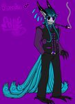  &#9794; 7deadlysins blue_hair demon devil feathers gay grin hair horn male peacock pride purple purple_background purple_eyes satyr seven_deadly_sins smoke solo suit vest vonderdevil 