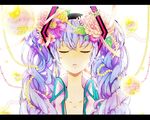  beamed_sixteenth_notes closed_eyes dotted_quarter_note eighth_note flower gari_(apollonica) hair_flower hair_ornament half_note hatsune_miku highres letterboxed long_hair musical_note purple_hair quarter_note sheet_music solo twintails vocaloid 