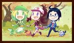  1boy 2girls baseball_cap bel_(pokemon) black_hair blonde_hair blue_eyes brown_hair cheren_(pokemon) green_eyes hat multiple_girls oshawott poke_ball pokeball pokemon pokemon_(game) pokemon_bw ponytail snivy tepig touko_(pokemon) tree wristband 