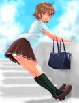  ahoge bag brown_eyes brown_hair denpa_onna_to_seishun_otoko mifune_ryuuko panties pantyshot pleated_skirt school_uniform short_hair skirt smile solo stairs tondabayashi underwear wall white_panties 