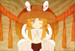  1girl ;) animal bangs blonde_hair blunt_bangs brown_background brown_hat hair_ribbon hat long_hair looking_at_viewer moi2m3 moriya_suwako one_eye_closed own_hands_together red_eyes red_ribbon ribbon rope shimenawa sidelocks slit_pupils smile snake solo touhou tress_ribbon turtleneck upper_body white_snake wide_sleeves yellow_eyes 