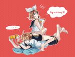  1girl aqua_eyes barefoot blonde_hair brother_and_sister girl_on_top grin hair_ornament hair_ribbon hairclip handheld_game_console highres kagamine_len kagamine_rin kunieda_(miniaturegarden) lying on_stomach pillow playing_games playstation_portable ribbon short_hair shorts siblings smile twins vocaloid 